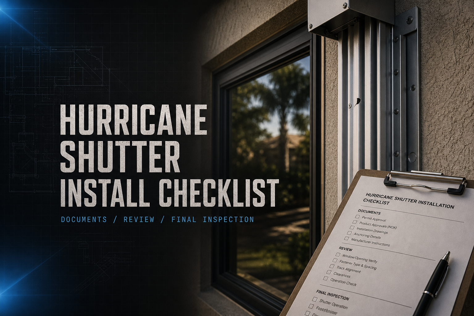Realistic hurricane shutter install checklist banner with Florida window shutter hardware and contractor checklist clipboard